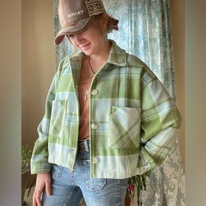 For The Republic green and blue oversized crop flannel